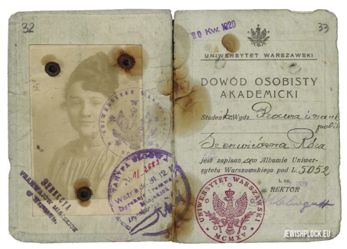 Róża Szenwic's academic ID card (source: Archives of the University of Warsaw, reference number RP 5052)